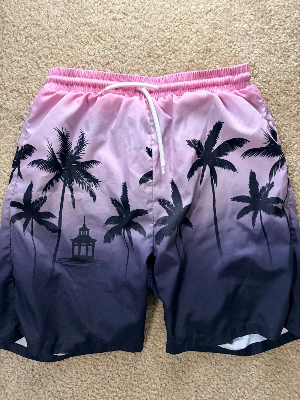 SHEIN Pink to Navy Ombre Palm-Print Swim Trunks